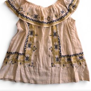 Boutique embroidered linen blend off the shoulder shirt large